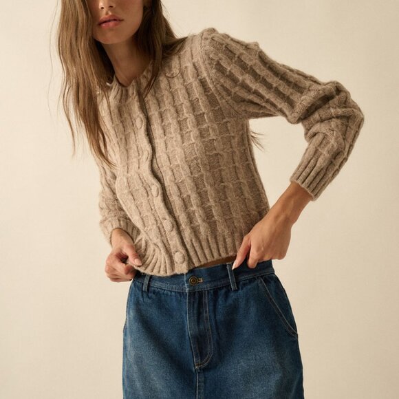 Naomi Cable Knit Button-Up Cardigan Sweater | Women's Taupe Neutral Winter Top - Picture 9 of 9